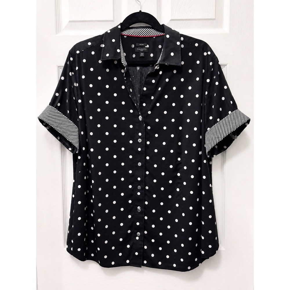 Talbots Womens 20W Black White Polka Dot Button Down Shirt Striped Cuff Non Iron - Picture 1 of 7